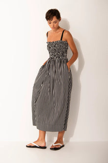  Lounge The Label Luxe Cupro Smock Bodice Stripe Strappy Midi Dress Mykonos Blk/Wht