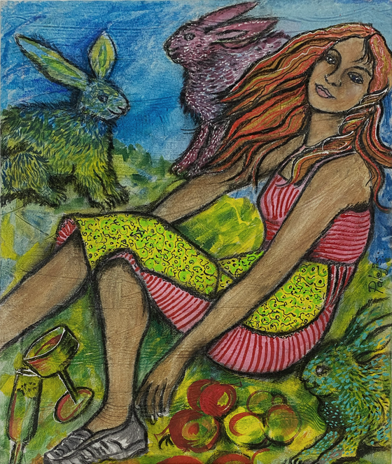 Original artwork by Alda Hubbard ‘Picnic with Rabbits, Anglesea’